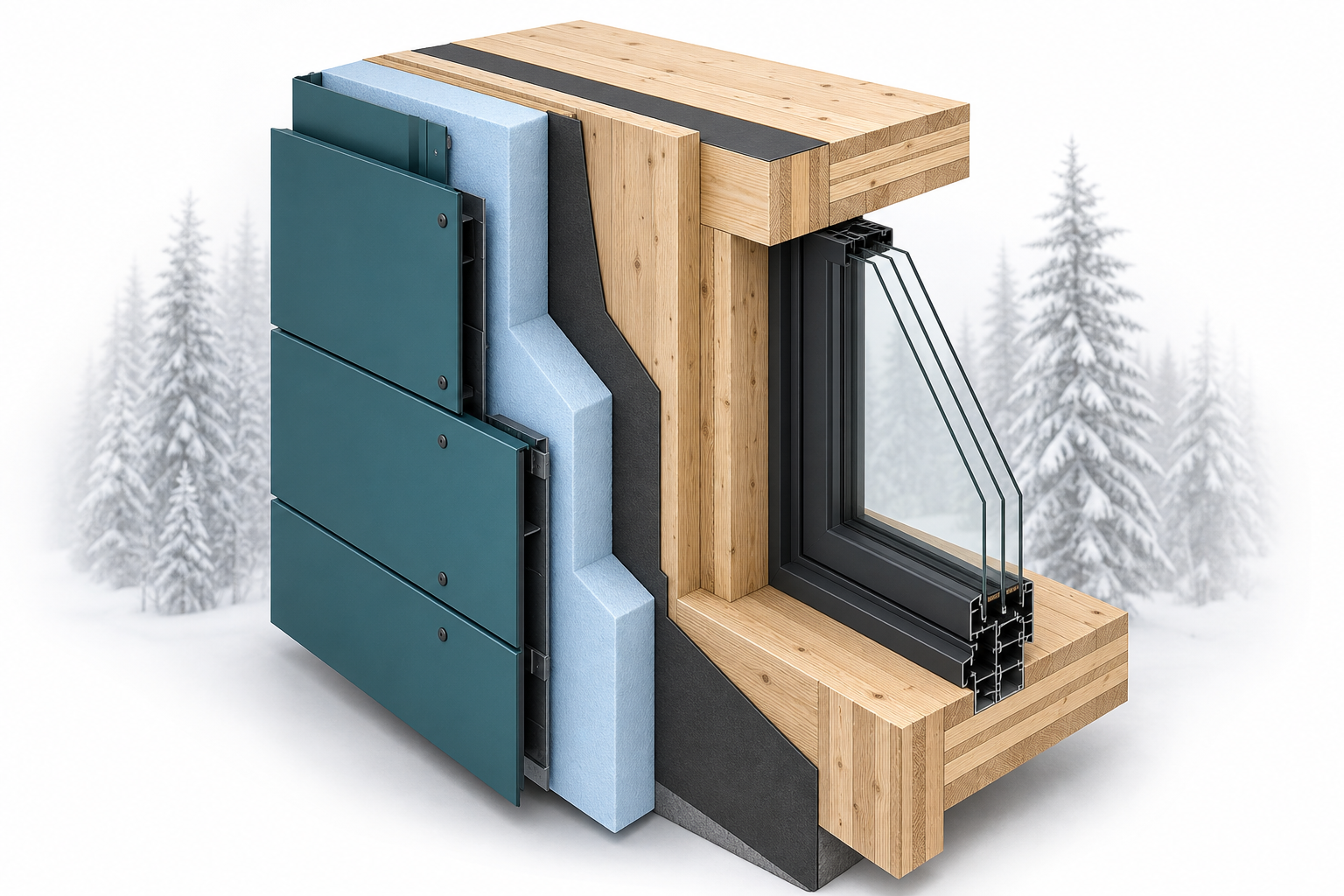 Building envelope cross-section — exo-insulation, structure, and high-performance glazing