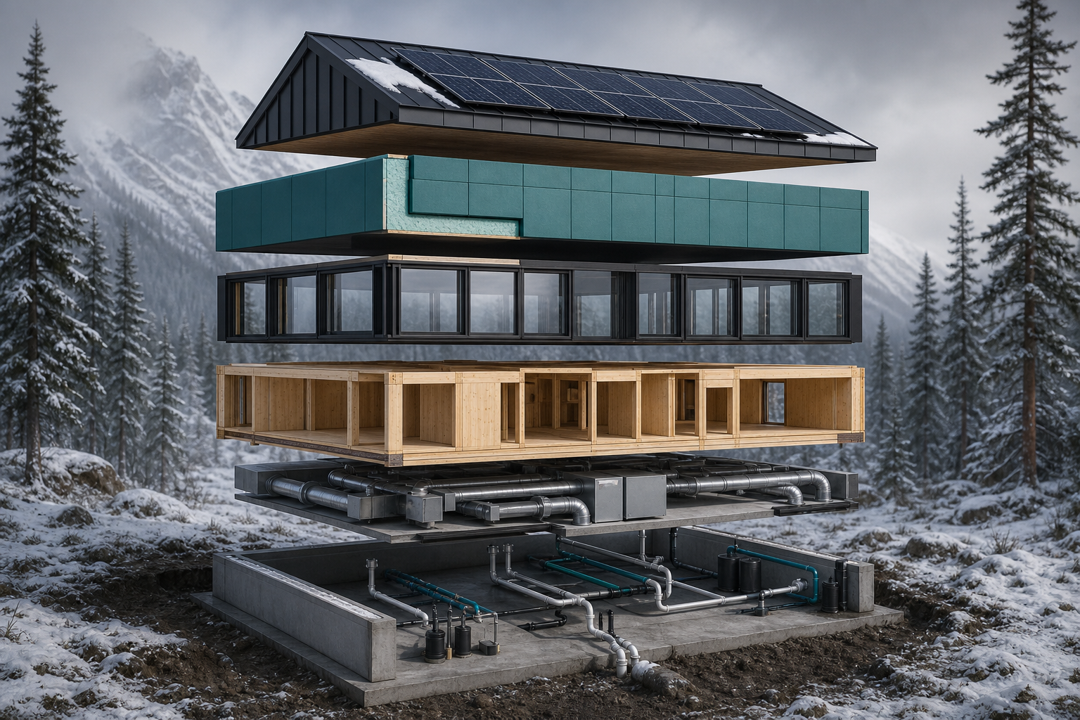 Exploded view of Polar Maxima building stack — roof and solar, exo-insulation, glazing, CLT structure, air systems, and water at foundation